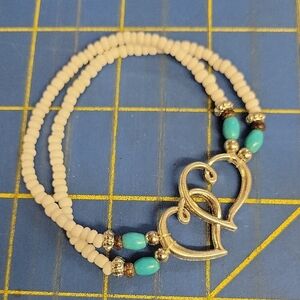 Silver Tone Double Heart 7" White Turquoise Brown & Silver Bead Bracelet